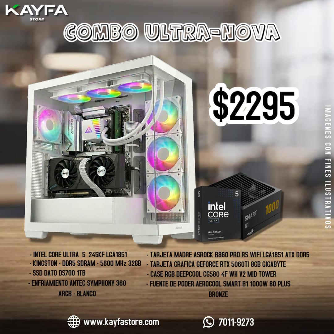 INTEL CORE ULTRA 5 245KF LGA 1851, RAM 32GB 5600MHZ, SSD DATO 1TB, ENFRIAMIENTO ANTEC 360 ARGB-WHITE, TARJETA MADRE B860 PRO RS WIFI LGA 1851 ATX DDR5, GRAFICA RTX 5060 TI 8GB , CASE DEEPCOOL CG580 MID TOWER, FUENTE 1000W 80 PLUS BRONZE