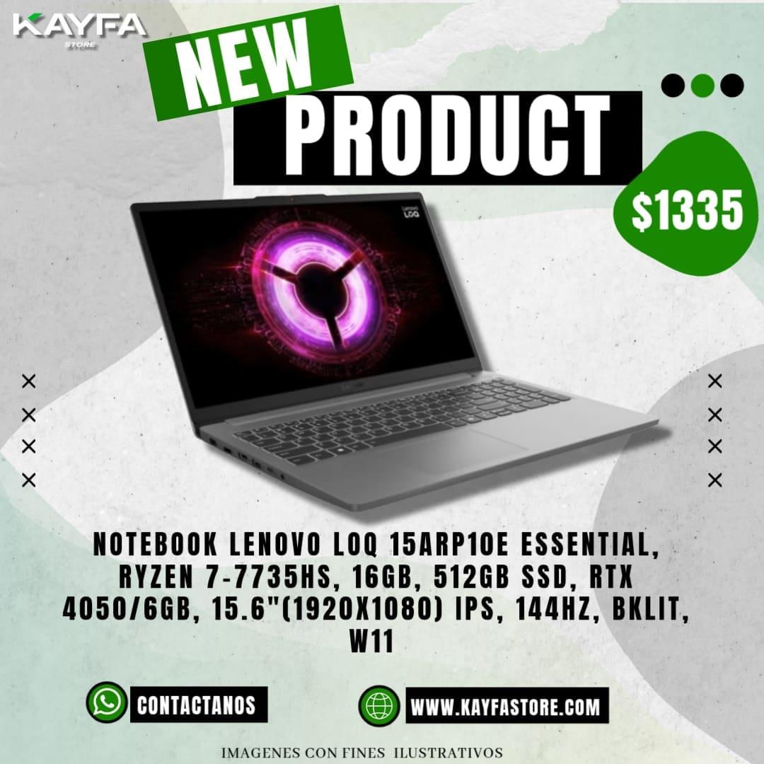 NOTEBOOK LENOVO LOQ 15ARP10E ESSENTIAL, RYZEN 7-7735HS, 16GB, 512GB SSD, RTX 4050/6GB, 15.6"(1920X1080) IPS, 144HZ, BKLIT, W11 
